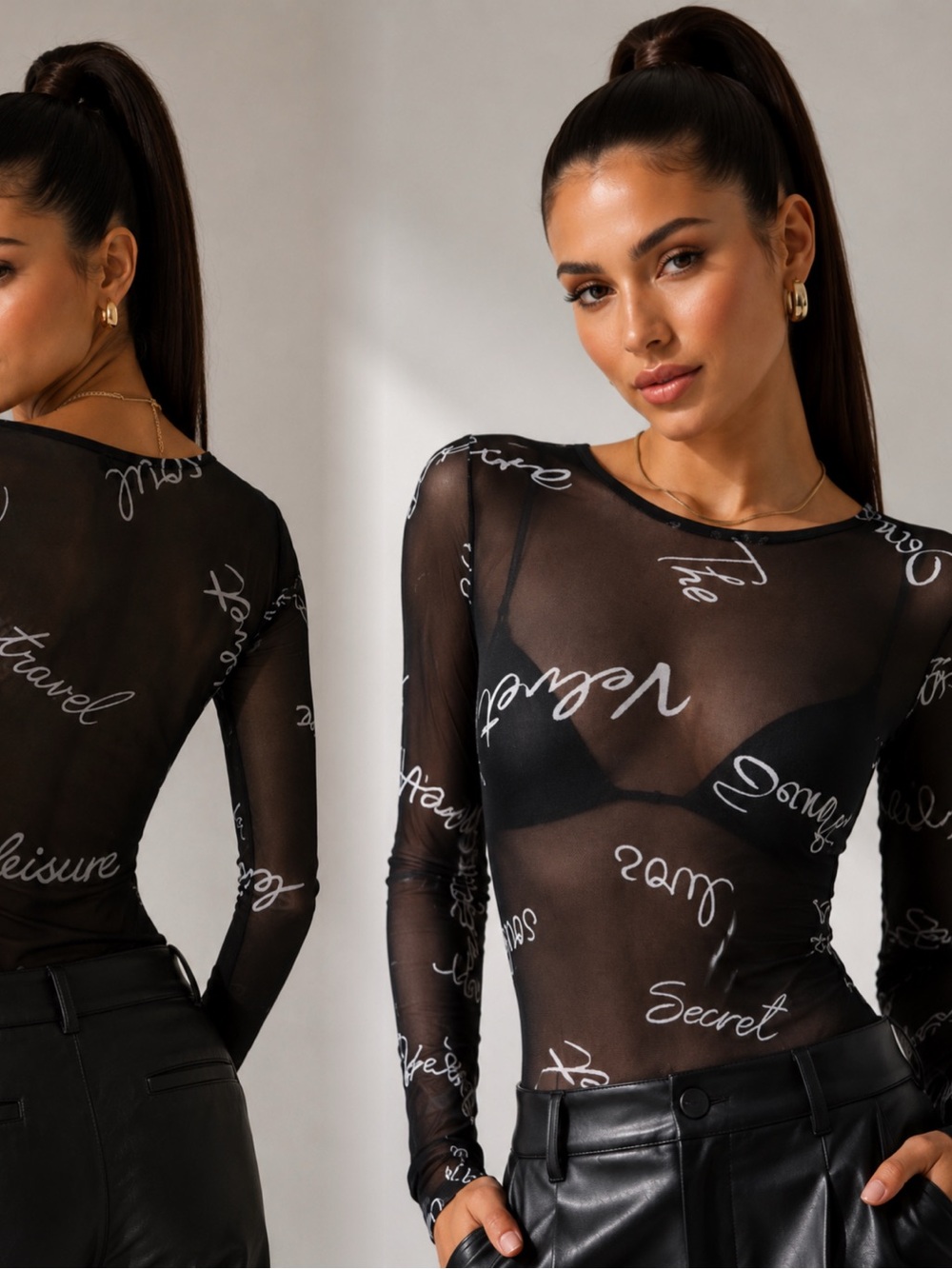 Black Sheer Script Long-Sleeve Bodysuit
